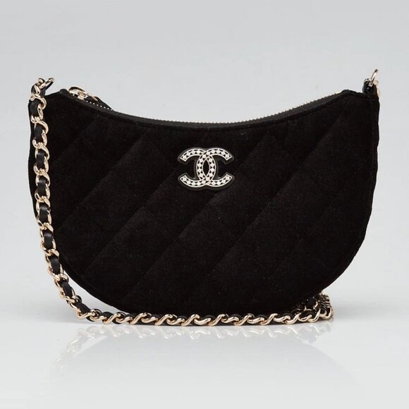 Chanel Black Quilted Velvet Crystal Chain Hobo Bag - Picture 1 of 12